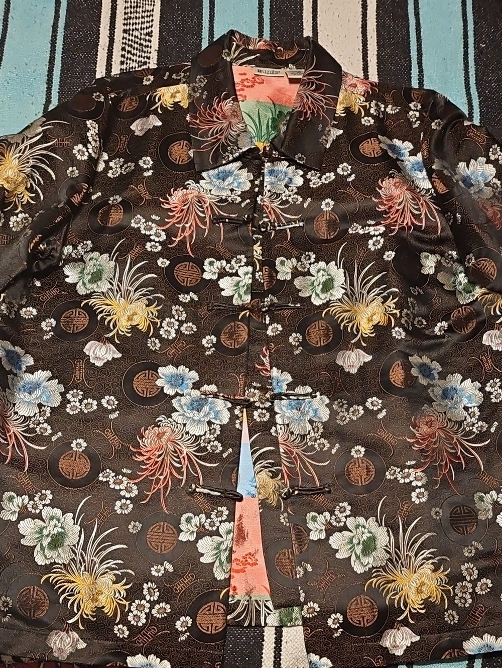 Black Floral Satin Trench Coat with Mandarin Buttons